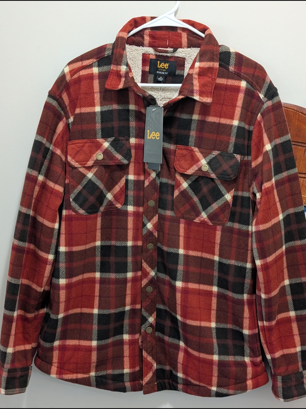 Lee Men’s Rust Red and Black Plaid Sherpa-Lined Button-Up Shirt Jacket